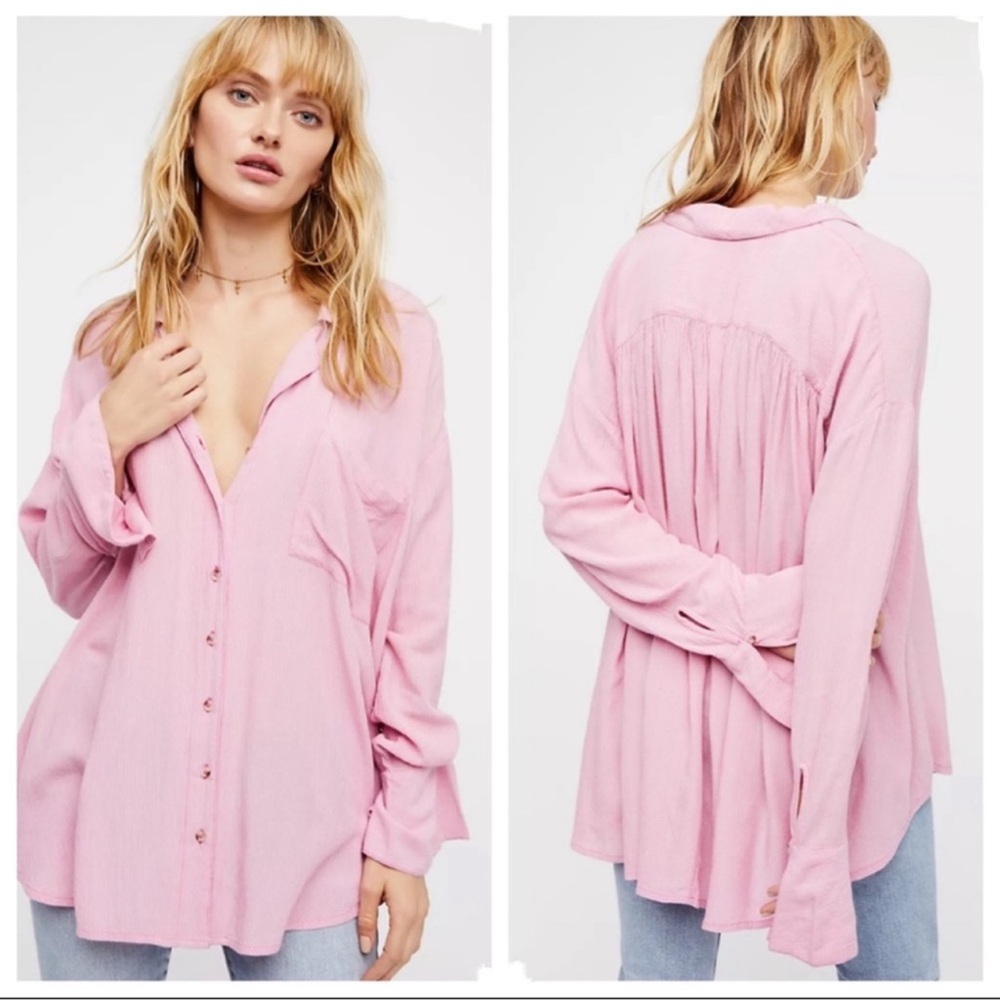 Free People Magic Breeze Button Down Top pink long sleeve large